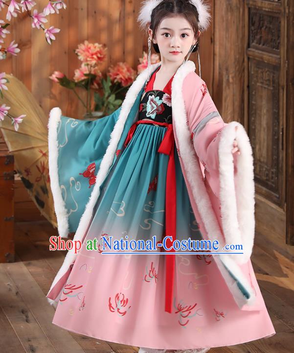 China Song Dynasty Girl Princess Clothing Children Stage Show Winter Costumes Traditional Court Kid Hanfu Dress