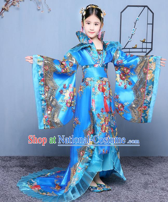 China Tang Dynasty Empress Clothing Ancient Girl Princess Garment Costume Traditional Court Children Blue Hanfu Dress