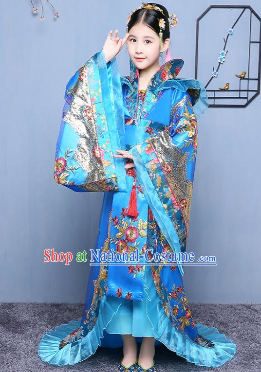 China Tang Dynasty Empress Clothing Ancient Girl Princess Garment Costume Traditional Court Children Blue Hanfu Dress