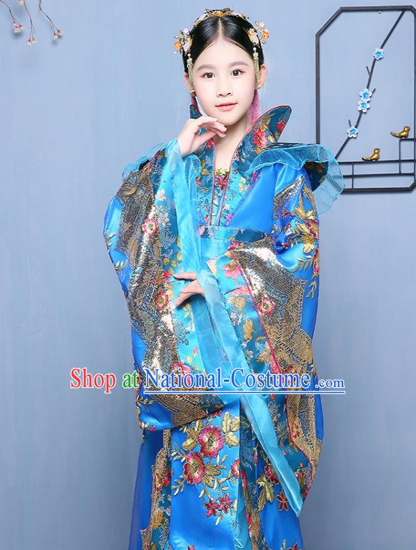 China Tang Dynasty Empress Clothing Ancient Girl Princess Garment Costume Traditional Court Children Blue Hanfu Dress