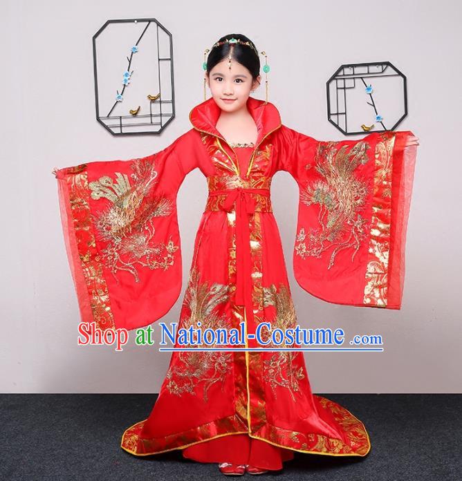 China Tang Dynasty Girl Princess Clothing Ancient Children Garment Costume Traditional Court Dance Red Hanfu Dress