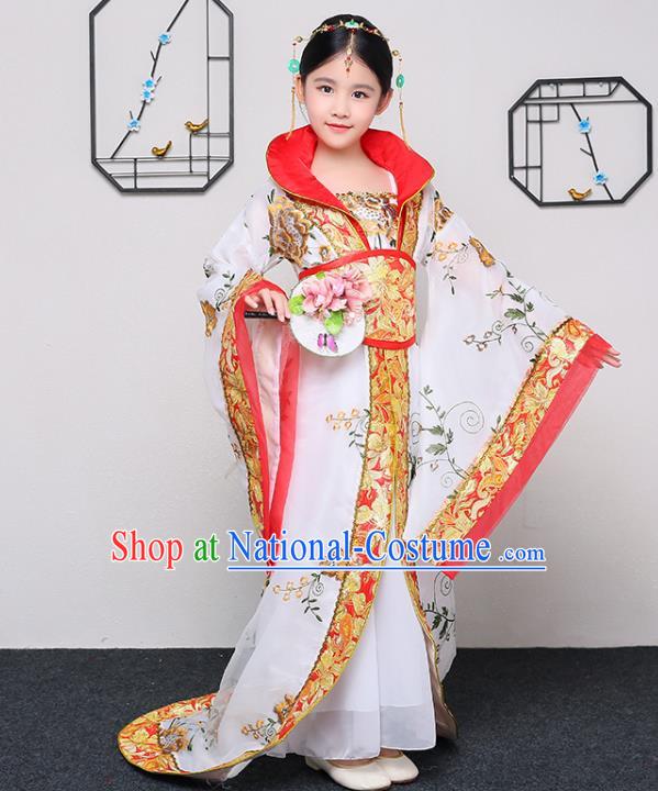 China Traditional Court Dance White Hanfu Dress Tang Dynasty Girl Princess Clothing Ancient Children Garment Costume