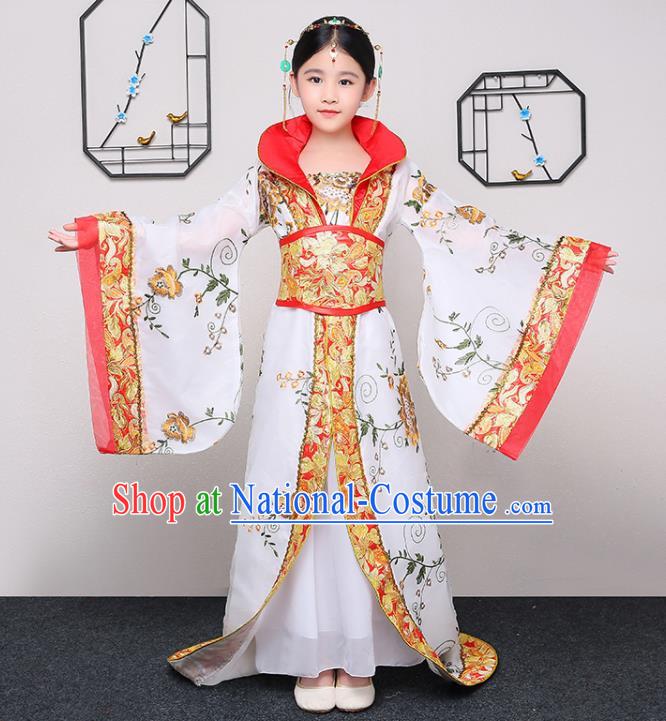 China Traditional Court Dance White Hanfu Dress Tang Dynasty Girl Princess Clothing Ancient Children Garment Costume