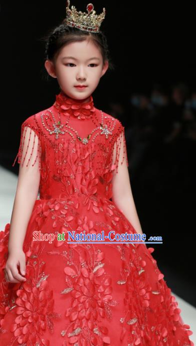 Professional Children Piano Performance Formal Clothing Stage Show Garment Costume Girl Catwalks Red Full Dress