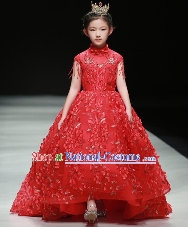 Professional Children Piano Performance Formal Clothing Stage Show Garment Costume Girl Catwalks Red Full Dress