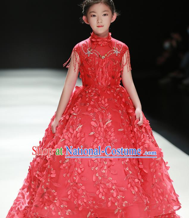 Professional Children Piano Performance Formal Clothing Stage Show Garment Costume Girl Catwalks Red Full Dress