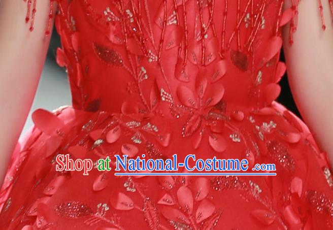 Professional Children Piano Performance Formal Clothing Stage Show Garment Costume Girl Catwalks Red Full Dress