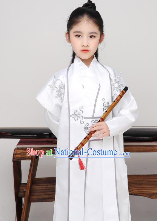 Chinese Ancient Boys Swordsman White Uniforms Tang Dynasty Kid Prince Clothing Traditional Stage Performance Costume