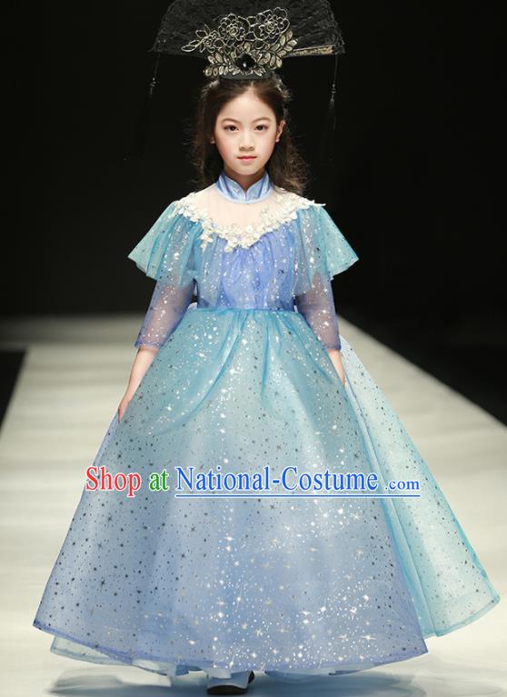 Professional Stage Show Fashion Costume Girl Catwalks Blue Full Dress Children Piano Performance Formal Clothing