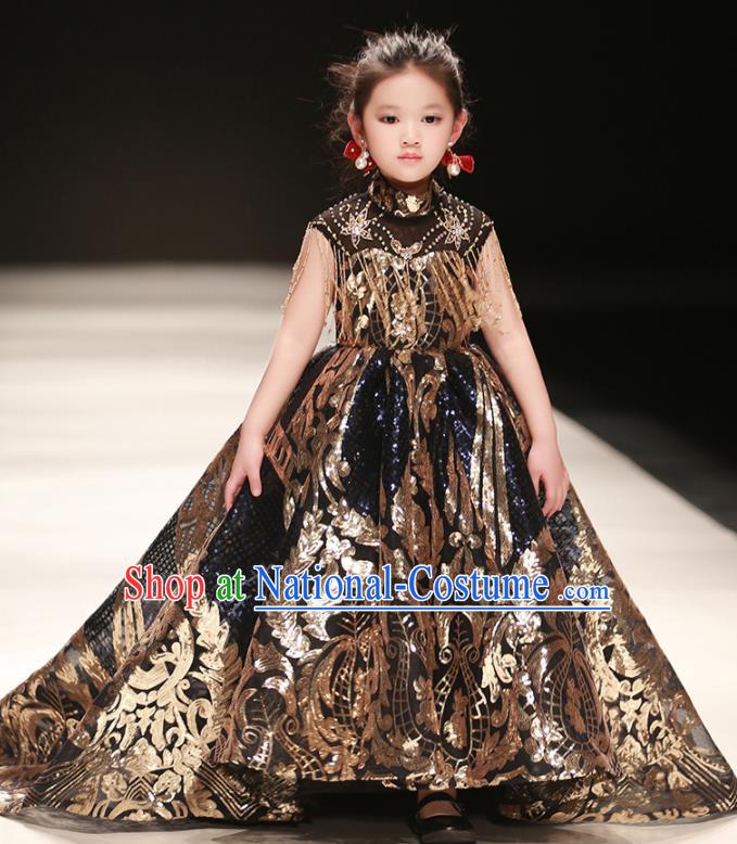 Professional Children Piano Performance Formal Clothing Girl Stage Show Fashion Costume Baroque Catwalks Trailing Full Dress