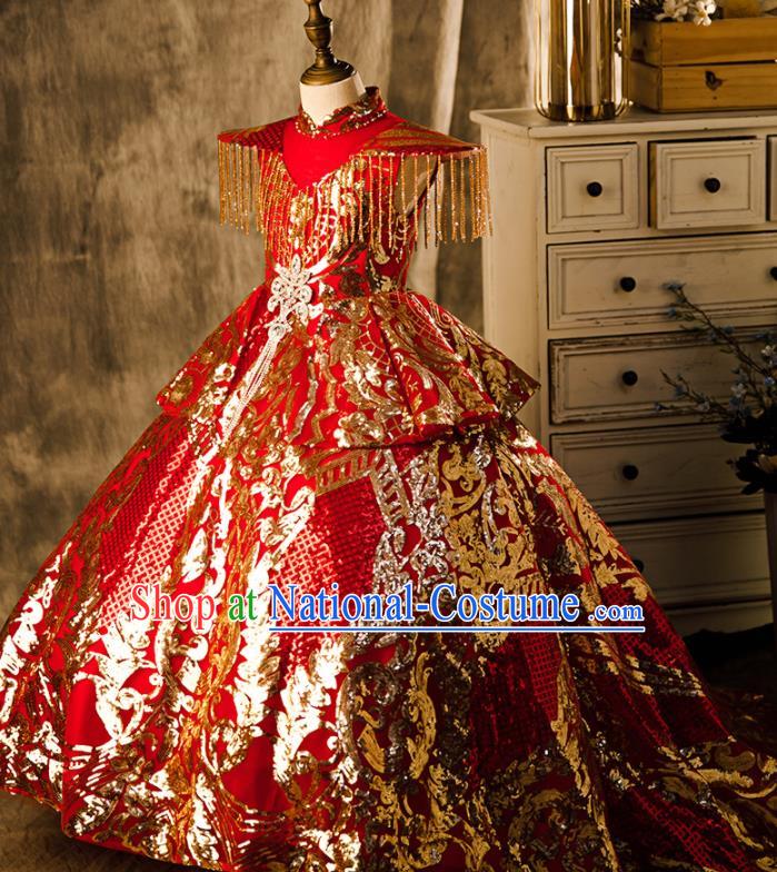 Professional Baroque Catwalks Red Trailing Full Dress Children Performance Formal Clothing Girl Stage Show Fashion Costume