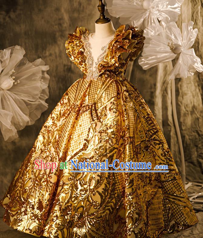 Professional Girl Stage Show Fashion Clothing Baroque Catwalks Golden Trailing Full Dress Children Performance Formal Costume