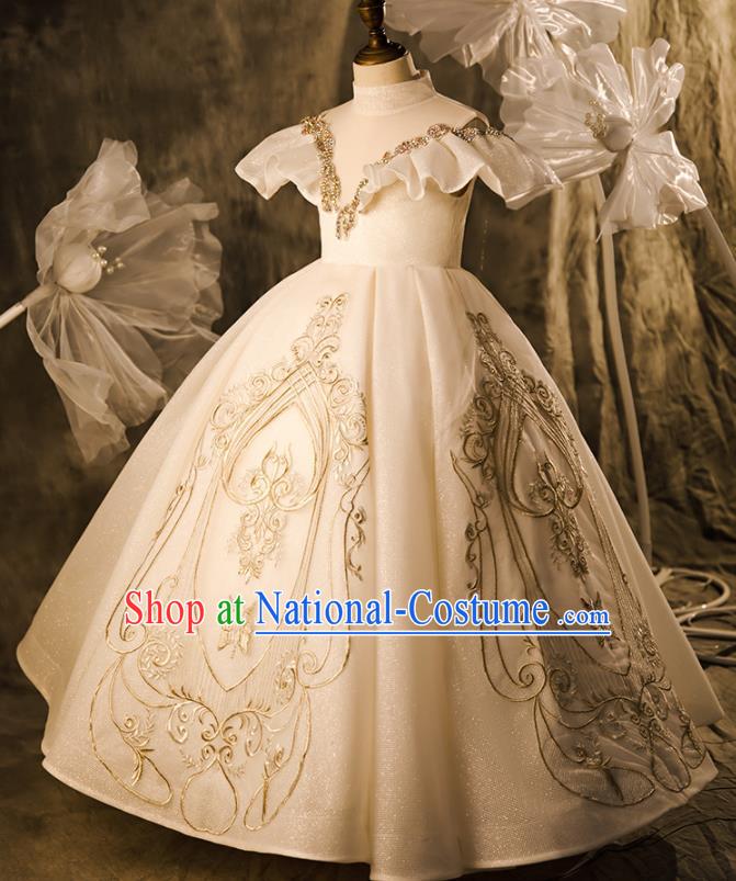 Professional Children Performance Formal Costume Girl Stage Show Fashion Clothing European Catwalks Beige Full Dress