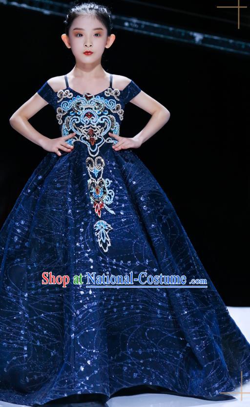 Professional Children Piano Performance Formal Costume Flower Girl Stage Show Fashion Clothing Baroque Catwalks Deep Blue Full Dress