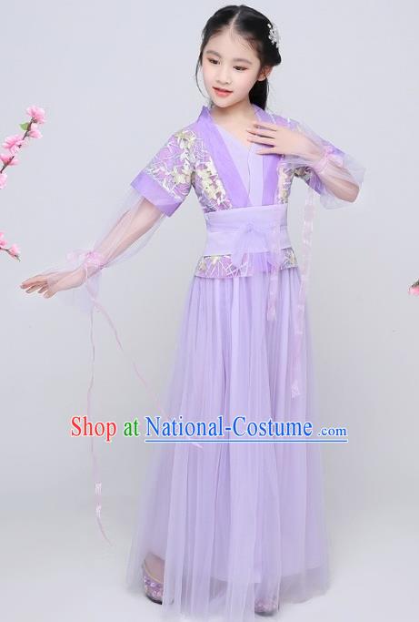 China Ming Dynasty Swordswoman Clothing Ancient Children Garment Costume Traditional Girl Dance Purple Hanfu Dress