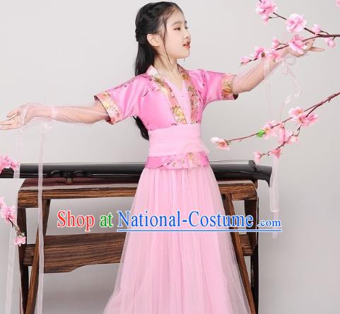 China Traditional Girl Dance Pink Hanfu Dress Ming Dynasty Swordswoman Clothing Ancient Children Garment Costume