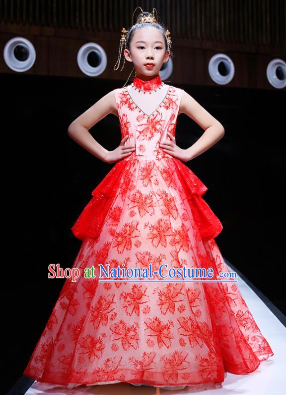 Professional Catwalks Trailing Full Dress Children Piano Performance Formal Costume Flower Girl Stage Show Fashion Clothing