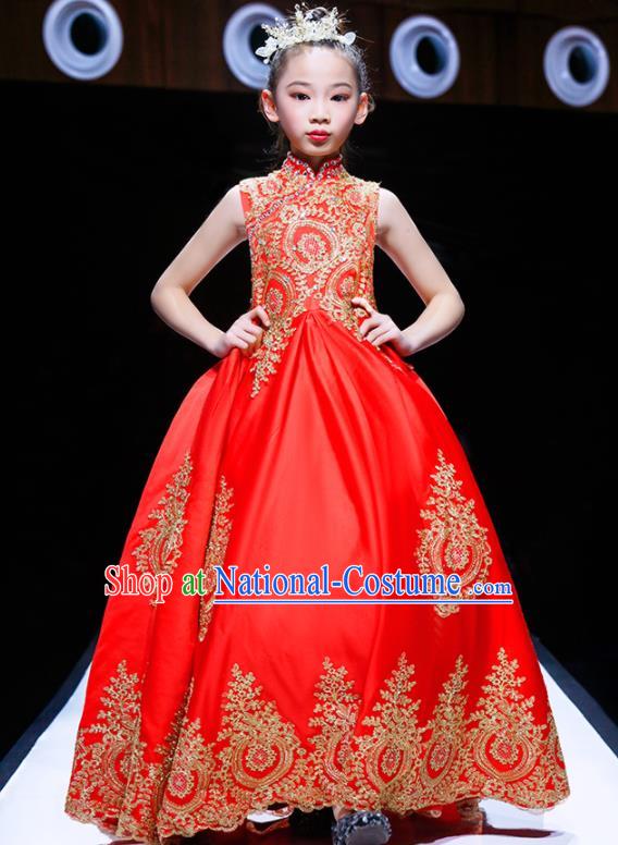 Professional Girl Stage Show Fashion Clothing Catwalks Red Evening Dress Children Compere Formal Costume