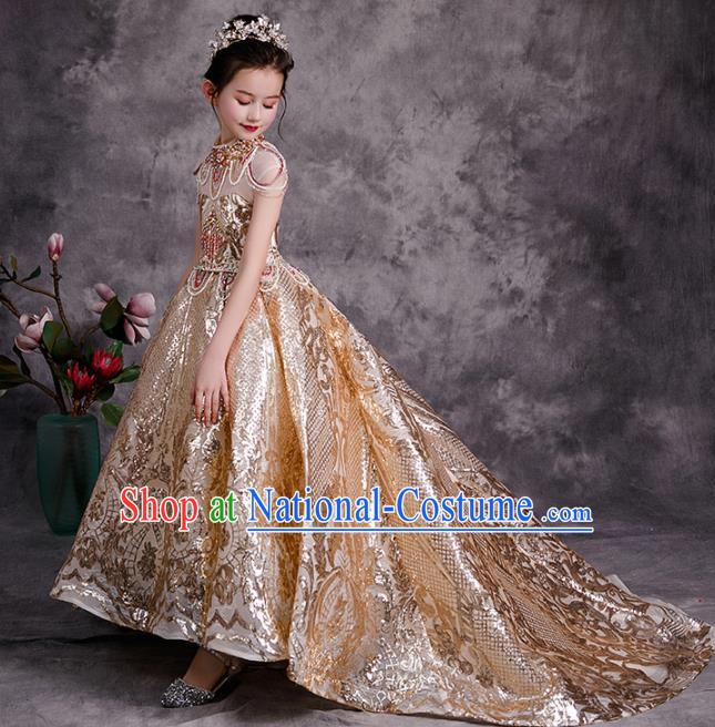 Professional Catwalks Golden Trailing Evening Dress Children Performance Formal Costume Girl Compere Garment Baroque Stage Show Fashion Clothing