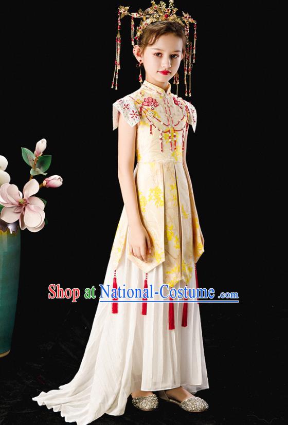 Chinese National Girl Clothing Children Catwalks Beige Dress Uniforms Traditional Stage Performance Costume