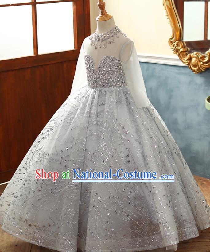 Professional Catwalks Diamante Grey Evening Dress Children Compere Formal Costume Girl Princess Stage Show Fashion Clothing