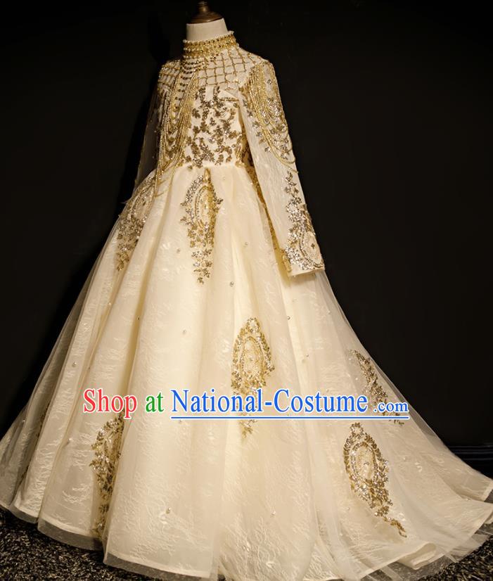 Professional Stage Show Fashion Clothing Catwalks Beige Trailing Evening Dress Children Compere Formal Costume Baroque Girl Princess Garment