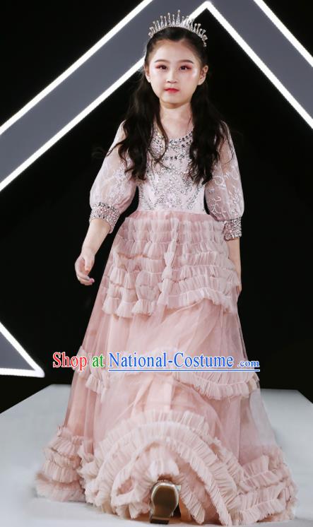 Professional Flower Girl Garment Stage Show Fashion Clothing Catwalks Pink Evening Dress Children Compere Formal Costume