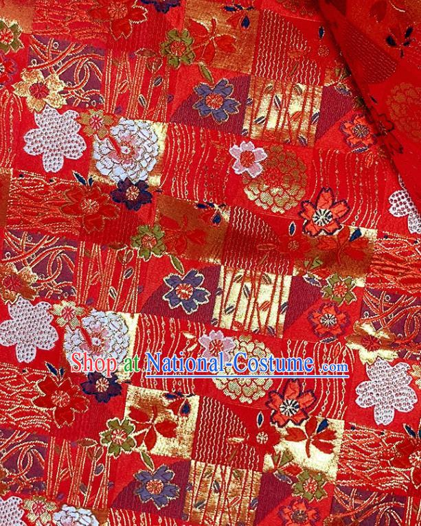 Asian Camellia Pattern Satin Drapery Japanese Traditional Tapestry Fabric Kimono Red Nishijin Brocade