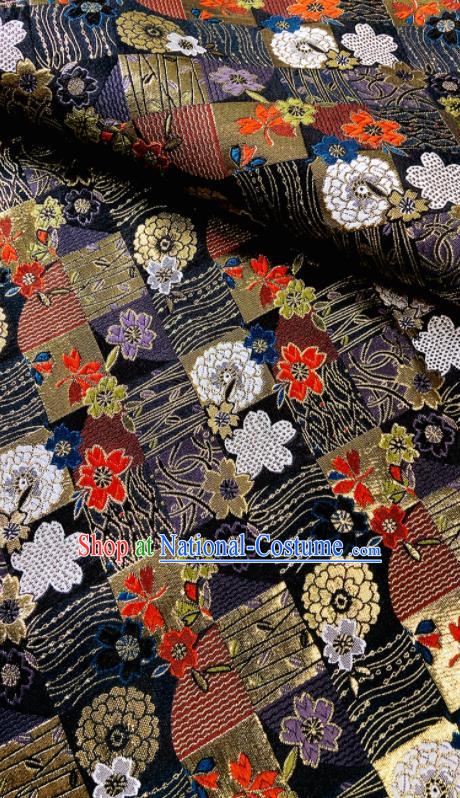 Japanese Traditional Tapestry Fabric Asian Kimono Black Nishijin Brocade Camellia Pattern Satin Drapery