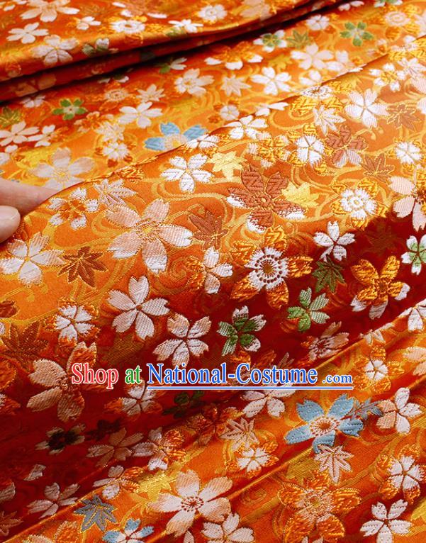 Japanese Nishijin Brocade Traditional Maple Sakura Pattern Orange Satin Drapery Asian Kimono Tapestry Fabric