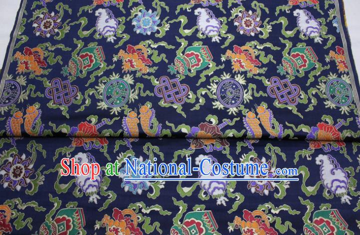 China Mongolian Robe Navy Satin Damask Classical Eight Treasures Pattern Tapestry Traditional Silk Fabric Jacquard Nanjing Brocade