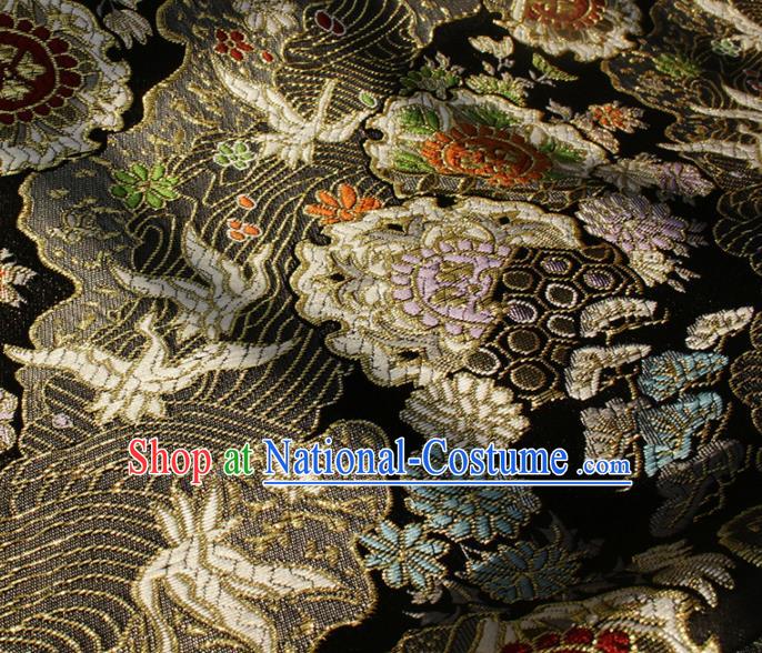 Japanese Kimono Tapestry Fabric Black Nishijin Brocade Asian Traditional Wave Crane Pattern Satin Drapery