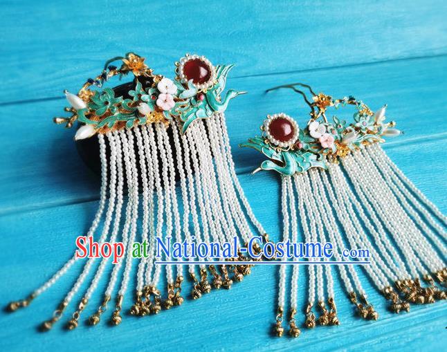 Chinese Ming Dynasty Court Lady Hair Crown Ancient Princess Tassel Hairpin Traditional Wedding Hair Accessories Full Set