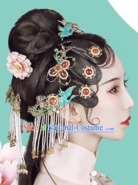 Chinese Ming Dynasty Court Lady Hair Crown Ancient Princess Tassel Hairpin Traditional Wedding Hair Accessories Full Set