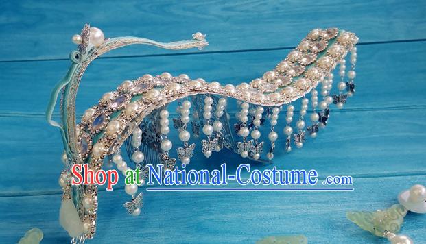 Chinese Qin Dynasty Queen Argent Hair Crown Ancient Empress Jade Hairpins Traditional Hanfu Hair Accessories Complete Set