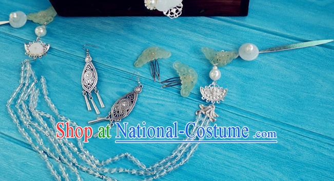 Chinese Qin Dynasty Queen Argent Hair Crown Ancient Empress Jade Hairpins Traditional Hanfu Hair Accessories Complete Set