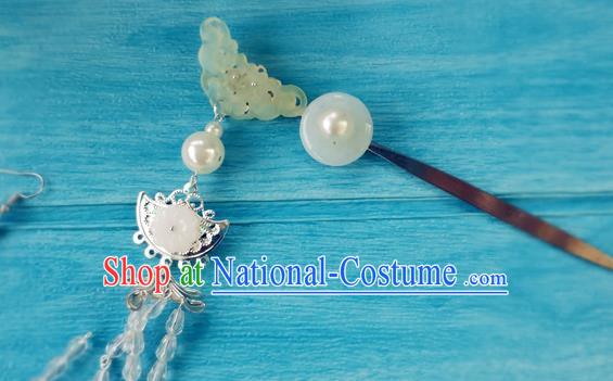 Chinese Qin Dynasty Queen Argent Hair Crown Ancient Empress Jade Hairpins Traditional Hanfu Hair Accessories Complete Set