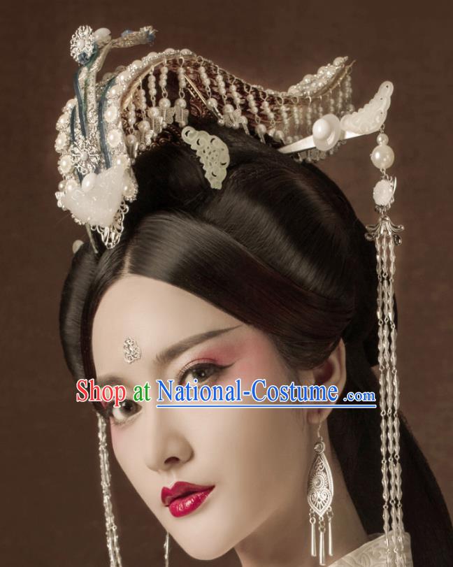 Chinese Qin Dynasty Queen Argent Hair Crown Ancient Empress Jade Hairpins Traditional Hanfu Hair Accessories Complete Set