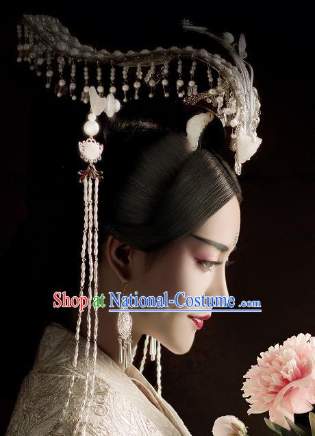 Chinese Qin Dynasty Queen Argent Hair Crown Ancient Empress Jade Hairpins Traditional Hanfu Hair Accessories Complete Set