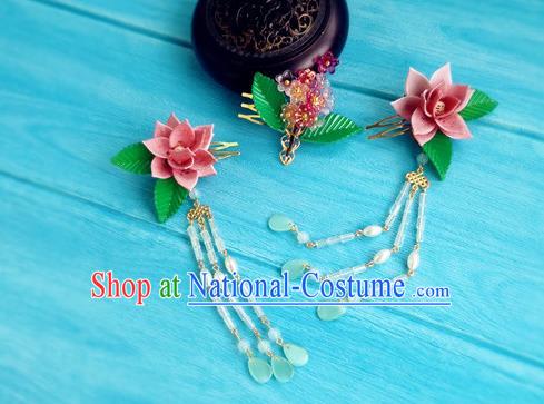 Chinese Song Dynasty Imperial Consort Tassel Hairpins Traditional Hanfu Hair Accessories Ancient Court Woman Pink Lotus Hair Combs