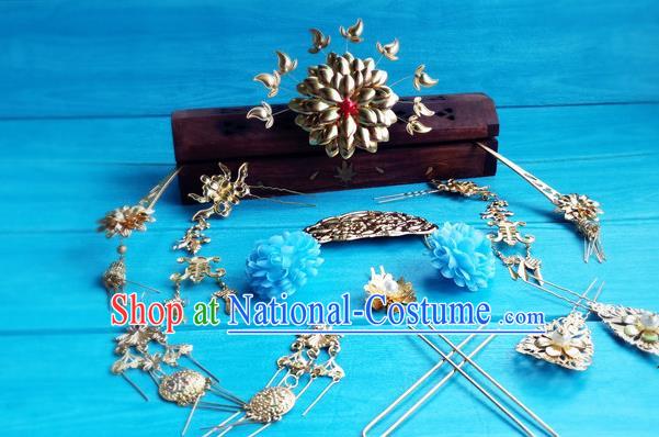 Chinese Tang Dynasty Imperial Consort Hairpins Traditional Hanfu Hair Accessories Ancient Empress Golden Peony Hair Crown