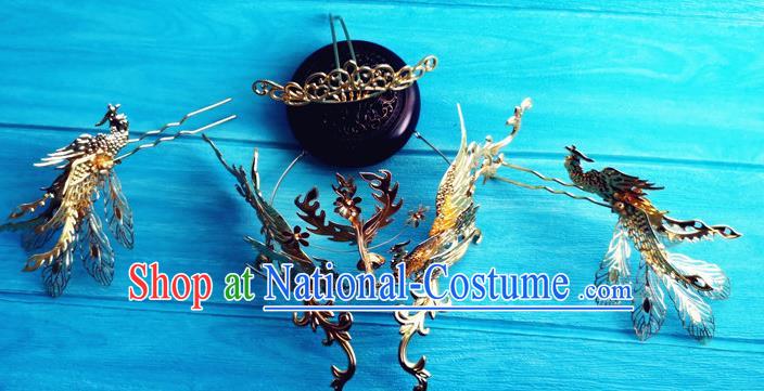 China Drama The flowers fly all over the sky Headpieces Traditional Tang Dynasty Princess Wedding Hairpins Ancient Bride Golden Phoenix Hair Crown