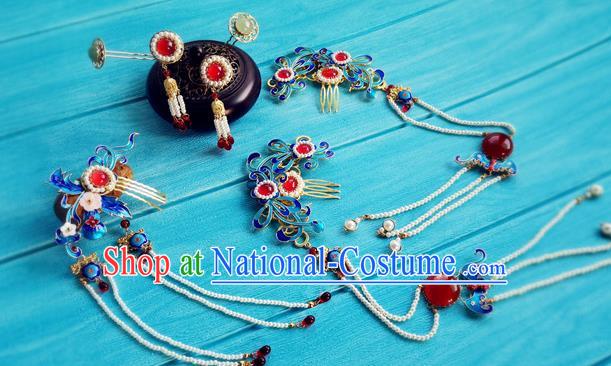 Chinese Ming Dynasty Queen Cloisonne Hairpin Traditional Hanfu Hair Accessories Ancient Empress Tassel Hair Combs Full Set