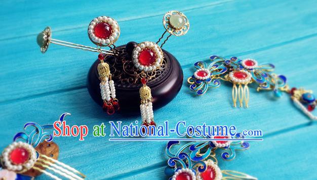 Chinese Ming Dynasty Queen Cloisonne Hairpin Traditional Hanfu Hair Accessories Ancient Empress Tassel Hair Combs Full Set