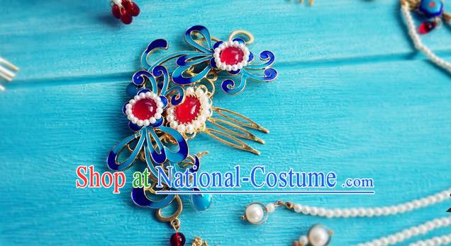 Chinese Ming Dynasty Queen Cloisonne Hairpin Traditional Hanfu Hair Accessories Ancient Empress Tassel Hair Combs Full Set