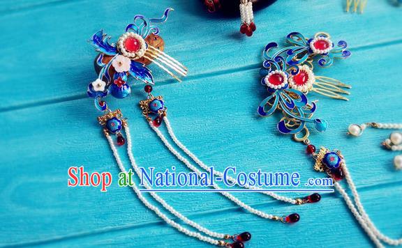 Chinese Ming Dynasty Queen Cloisonne Hairpin Traditional Hanfu Hair Accessories Ancient Empress Tassel Hair Combs Full Set