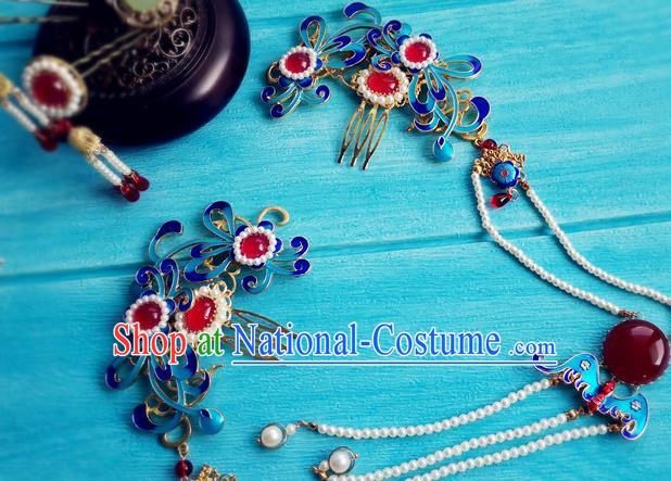 Chinese Ming Dynasty Queen Cloisonne Hairpin Traditional Hanfu Hair Accessories Ancient Empress Tassel Hair Combs Full Set