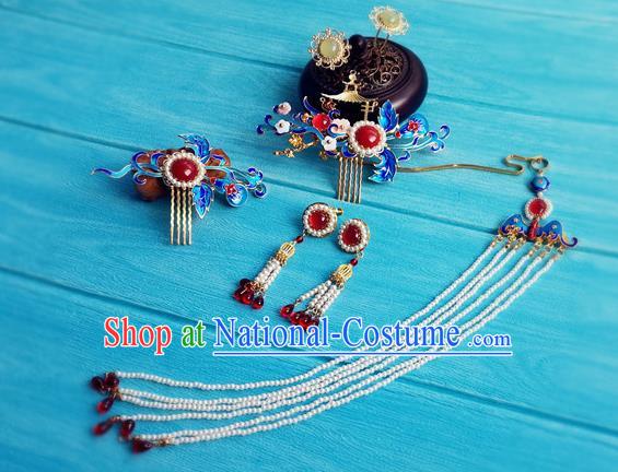 Chinese Ming Dynasty Queen Cloisonne Hairpin Traditional Hanfu Hair Accessories Ancient Empress Tassel Hair Combs Full Set