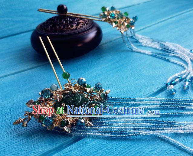 Chinese Ming Dynasty Princess Tassel Hairpins Traditional Hanfu Hair Accessories Ancient Noble Lady Jade Hair Stick