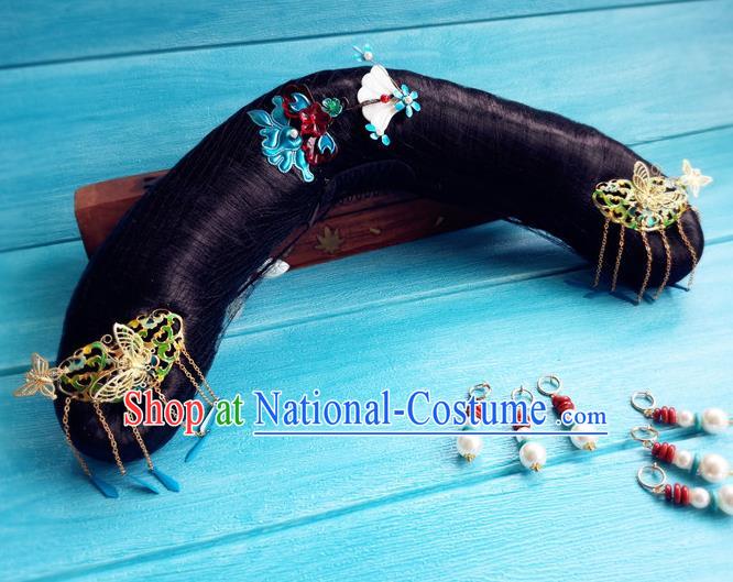 China Ancient Imperial Consort Hairpieces Drama Story of Yanxi Palace Zhang Jiani Headdress Traditional Qing Dynasty Manchu Woman Wigs and Hairpins